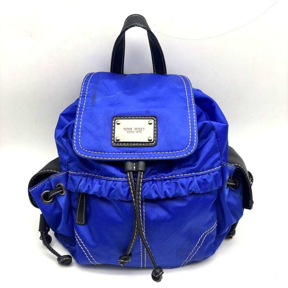 Vintage 90s Y2K NINE WEST Blue Nylon Large Drawstring Utility Backpack 11x12x3"